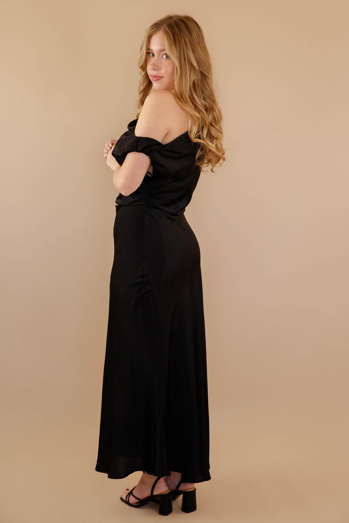 Women's Black Satin Maxi Dress- Women's Off The Shoulder Black Dress- Cocktail Dresses
