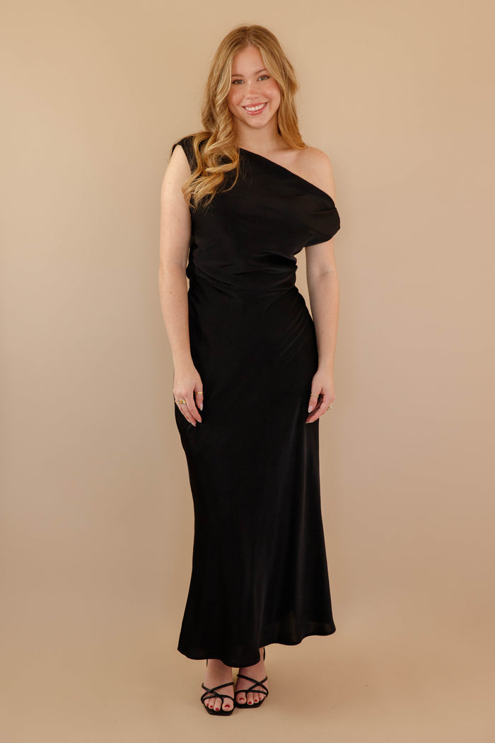 Women's Black Satin Maxi Dress- Women's Off The Shoulder Black Dress- Cocktail Dresses