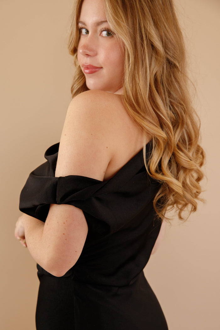 Women's Black Satin Maxi Dress- Women's Off The Shoulder Black Dress- Cocktail Dresses