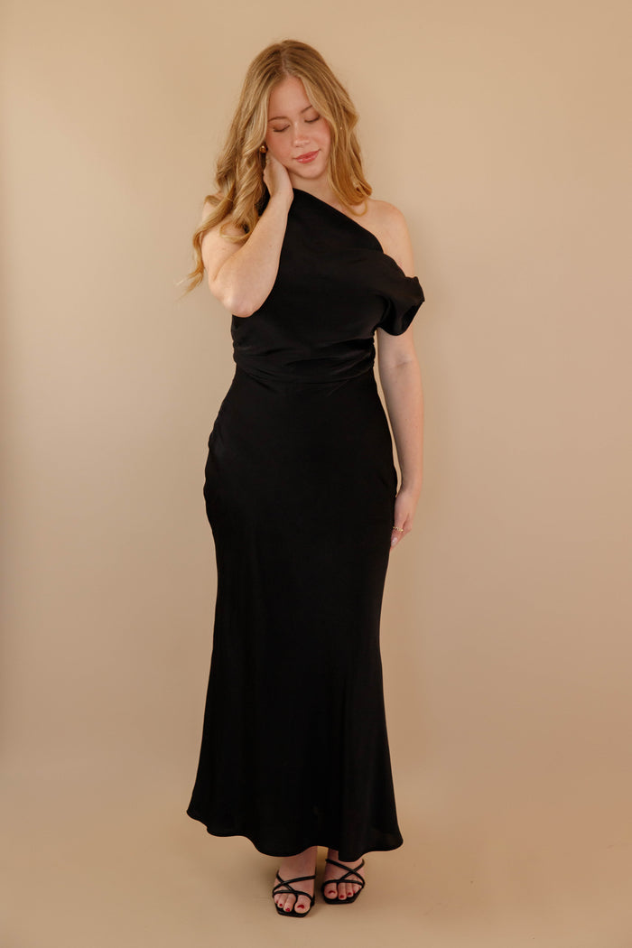 Women's Black Satin Maxi Dress- Women's Off The Shoulder Black Dress- Cocktail Dresses