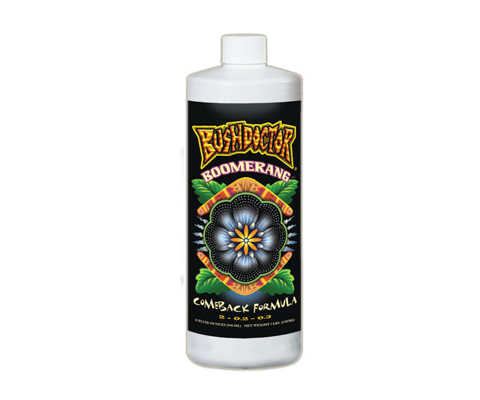 A bottle of FoxFarm Bush Doctor Boomerang Comeback Formula, which is a fertilizer for plants.
