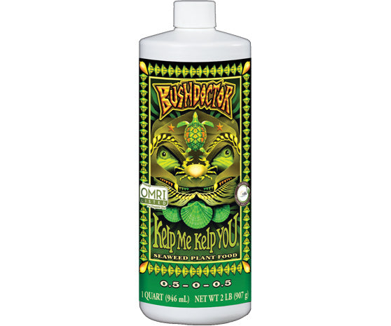 Bottle of FoxFarm Bush Doctor Kelp Me Kelp You arenedged plant food, 1 qt size, with label featuring a green kelp plant.