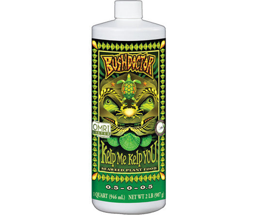 Bottle of FoxFarm Bush Doctor Kelp Me Kelp You arenedged plant food, 1 qt size, with label featuring a green kelp plant.