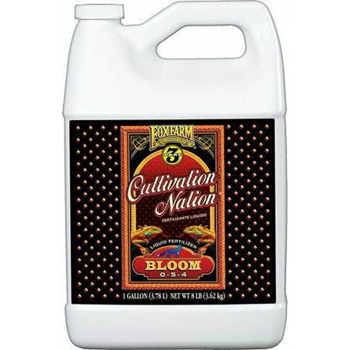 A 1-gallon container of FoxFarm Cultivation Nation Bloom Fertilizer with a label featuring brand and product information.