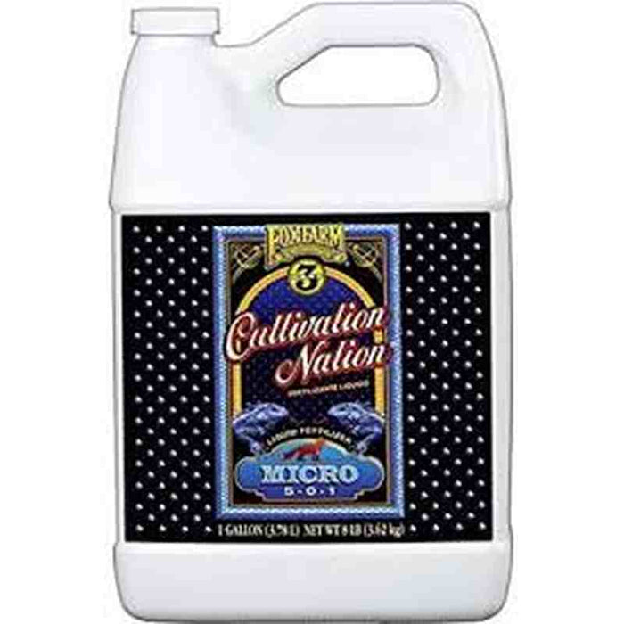 A 2.5 gallon container of FoxFarm Cultivation Nation Micro 5-0-1 liquid fertilizer with a white and blue label featuring multicolor polka dots.