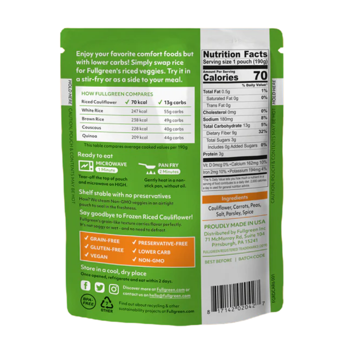 Fullgreen Riced Cauliflower with Carrots & Peas 190g