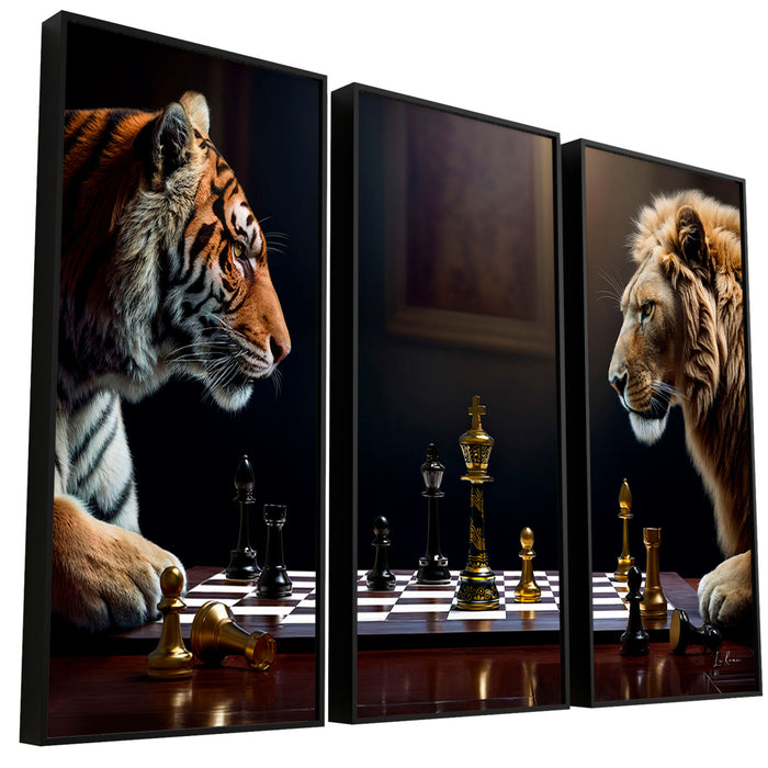 Three framed artworks featuring a tiger and a lion on a chessboard.