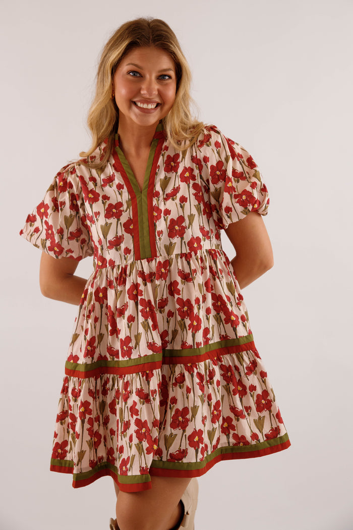 Burgundy Floral Print Dress- Women's Short Sleeve Bubble Dress- Women's Entro Dresses