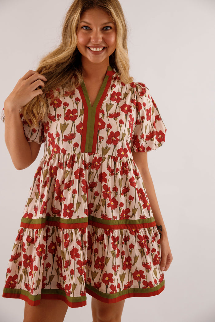 Burgundy Floral Print Dress- Women's Short Sleeve Bubble Dress- Women's Entro Dresses