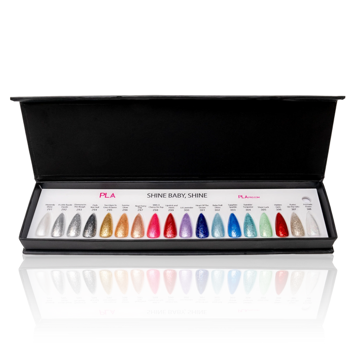 Set of colorful nail tips in a black box with 'PLA' branding.