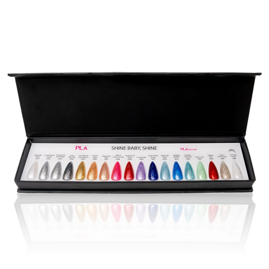 Set of colorful nail tips in a black box with 'PLA' branding.