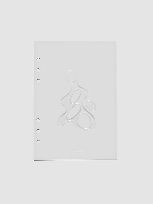 Light grey, semi-transparent, and glossy plastic planner dashboard with organic raised shape design in size A5 on a neutral background.