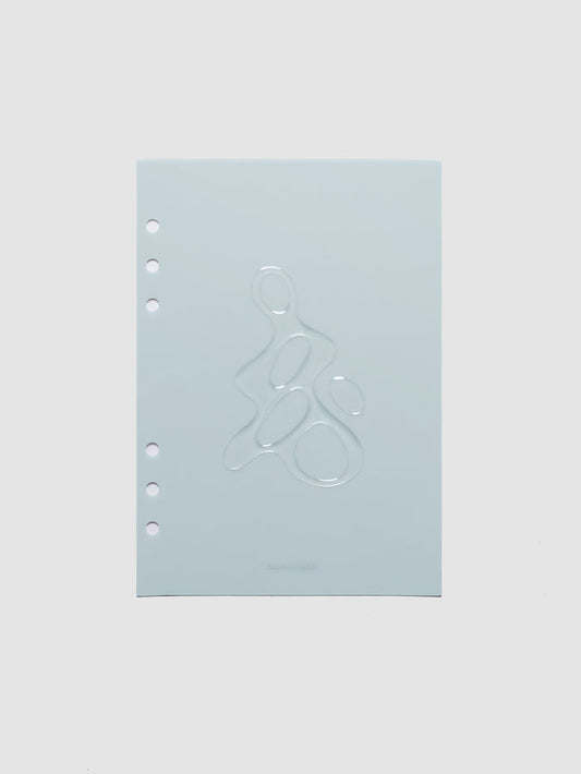 Light blue, semi-transparent, and glossy plastic planner dashboard with organic raised shape design in size A5 on a neutral background.