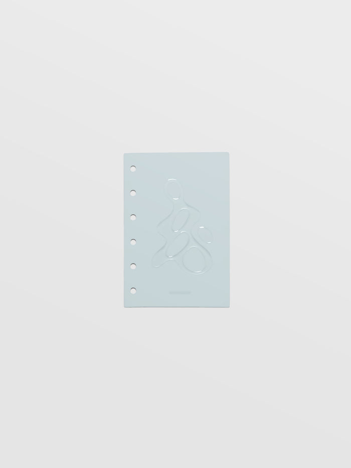 Light blue, semi-transparent, and glossy plastic planner dashboard with organic raised shape design in size Pocket on a neutral background.