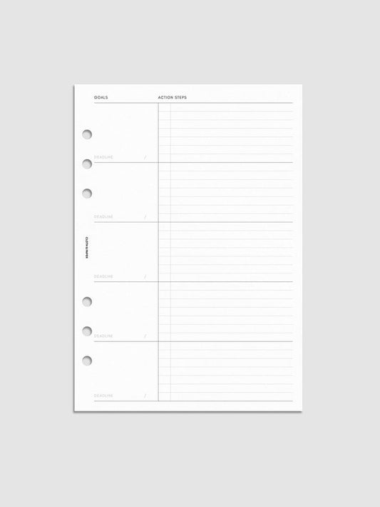 A blank planner page with sections for goals, deadlines, and action steps, featuring six holes for binder insertion. The left side has labeled boxes for goals and deadlines, while the right side has lined space for action steps.