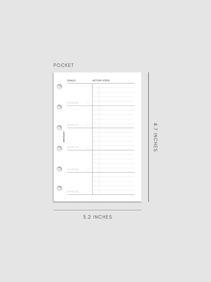 A pocket-sized planner page with sections for goals, action steps, and deadlines, measuring 4.7 by 3.2 inches. The layout includes lined spaces for writing and three-hole punches on the left side.