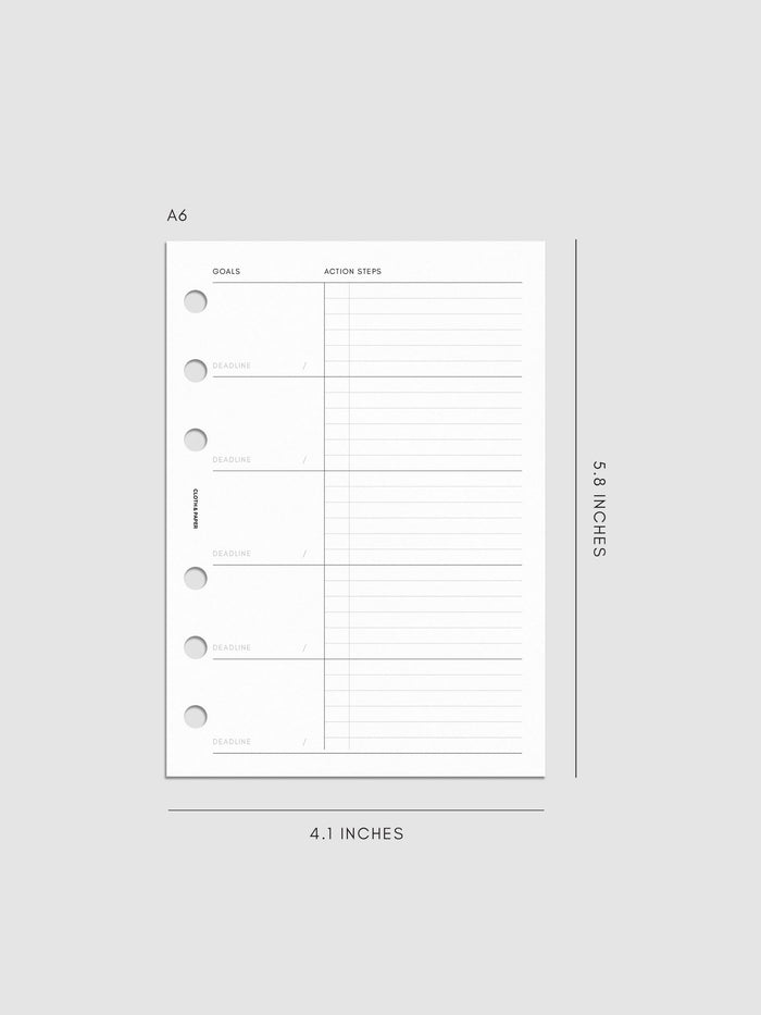 A6-sized planner page with sections for goals, deadlines, and action steps, measuring 5.8 by 4.1 inches. The page has five rows for goals and deadlines on the left and lined space for action steps on the right.