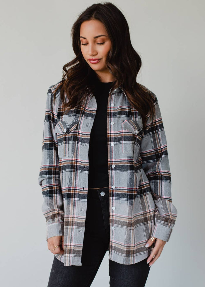 Gray, Red, Camel & Black Plaid Flannel Shirt for Western Women