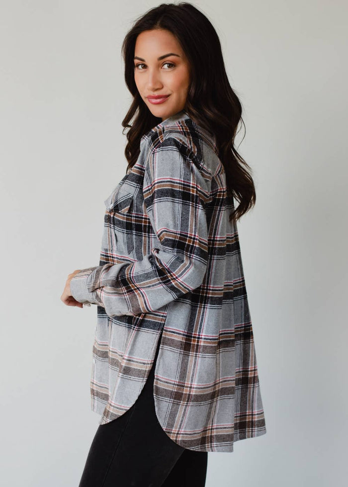 Gray, Red, Camel & Black Plaid Flannel Shirt for Western Women