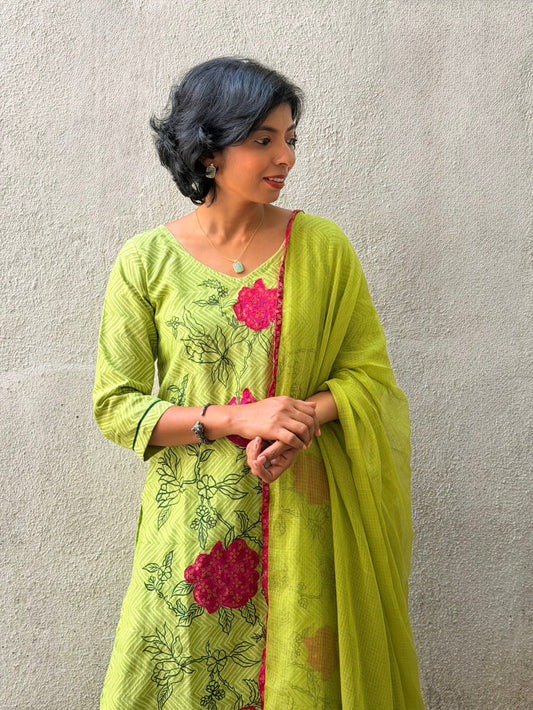 Green Chanderi Applique Kurta Set
