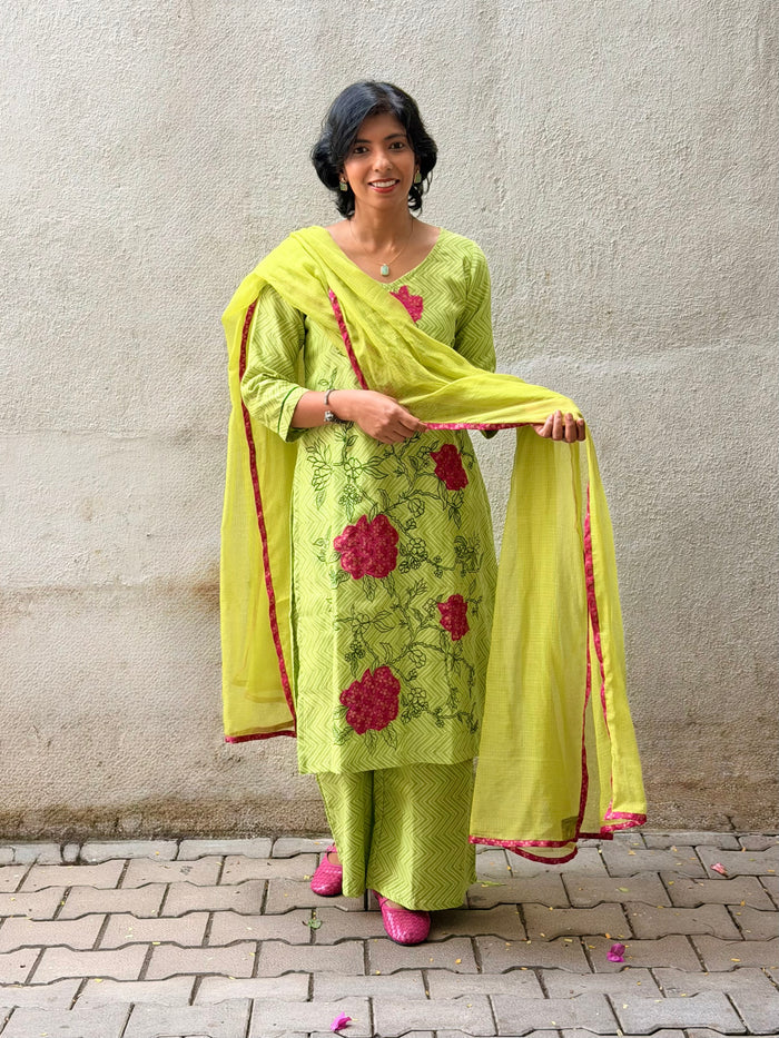Green Chanderi Applique Kurta Set