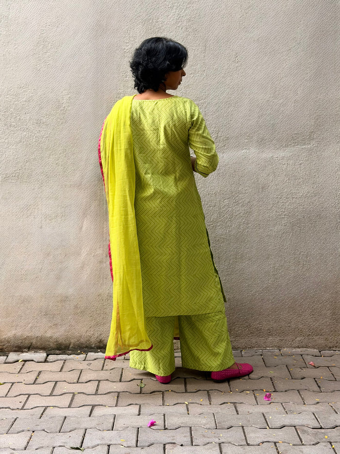 Green Chanderi Applique Kurta Set