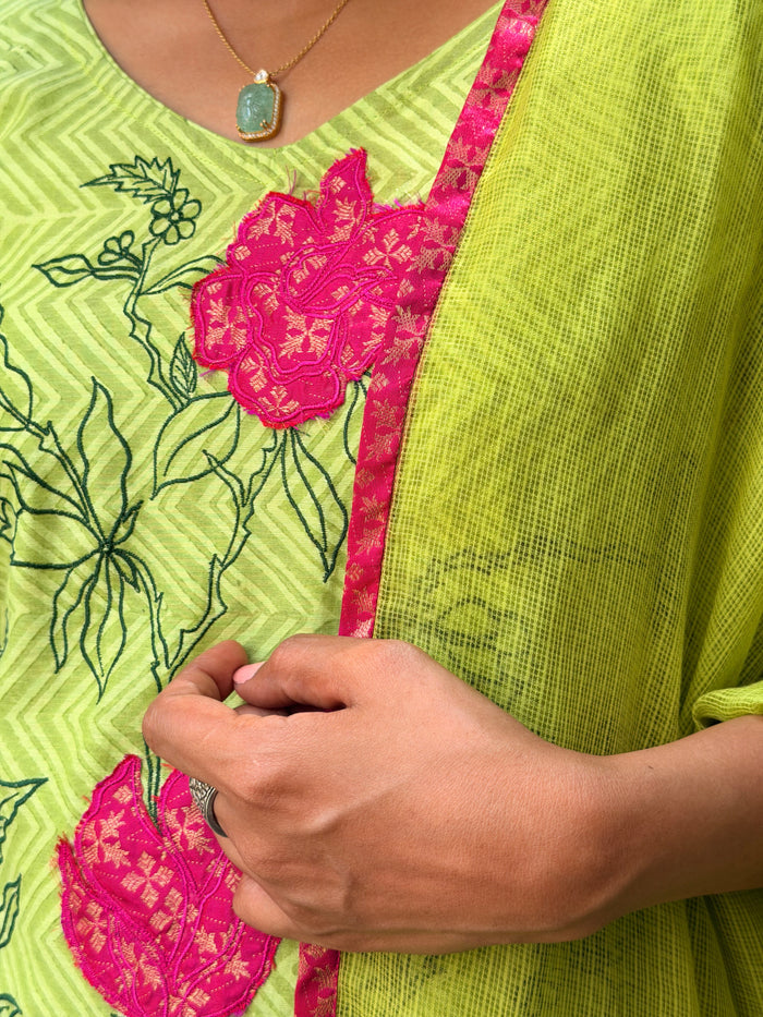 Green Chanderi Applique Kurta Set