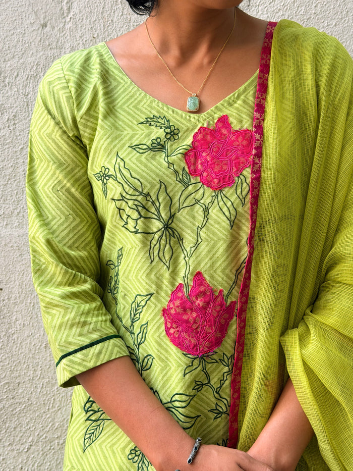 Green Chanderi Applique Kurta Set