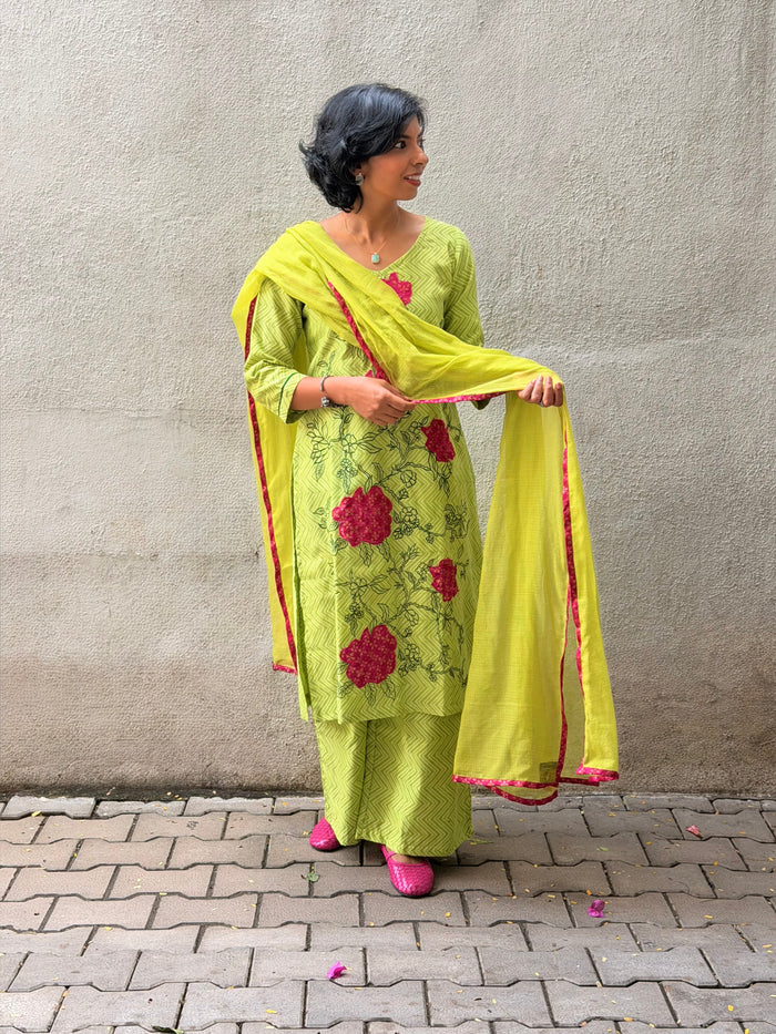Green Chanderi Applique Kurta Set