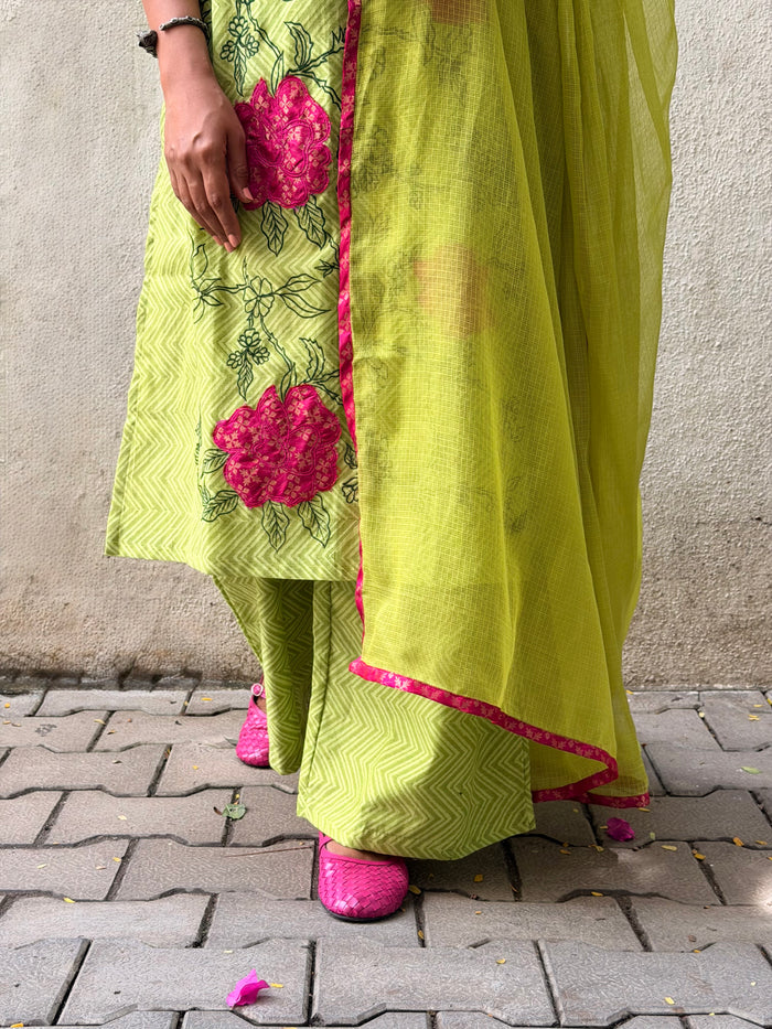 Green Chanderi Applique Kurta Set