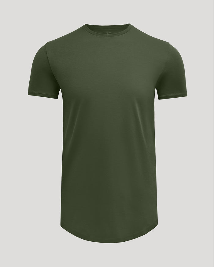 Grove Tall Pima Cotton Blend Curved Hem Crew in olive green, a men's basics short-sleeve crewneck shirt with a relaxed fit and curved hem design.
