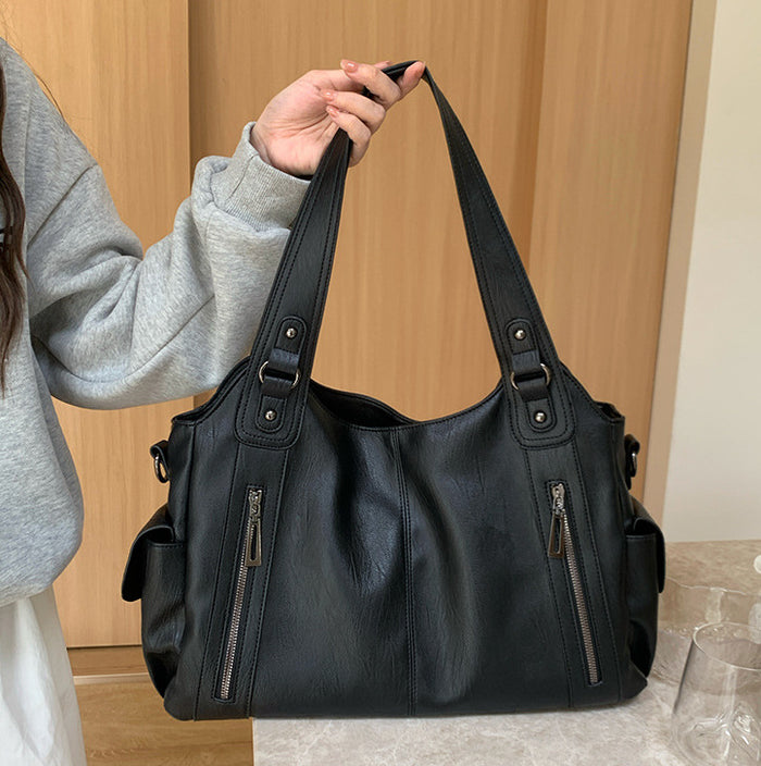 H1970 - Retro Black Textured Tote Handbag