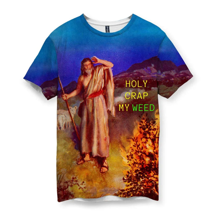 A classical oil painting depicts a bearded patriarch in desert sand beige robes clutching his head in dramatic shock, standing before a bush engulfed in inferno orange flames against a biblical midnight blue sky. Contact us with accessibility feedback, we'd love to help!