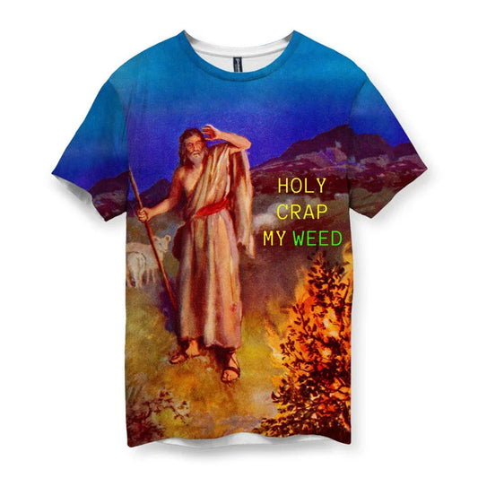 A classical oil painting depicts a bearded patriarch in desert sand beige robes clutching his head in dramatic shock, standing before a bush engulfed in inferno orange flames against a biblical midnight blue sky. Contact us with accessibility feedback, we'd love to help!
