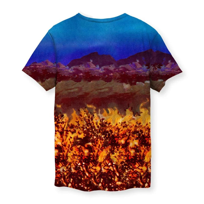 Hallucinating Moses T-Shirt - The jarring juxtaposition of the modern "cautionary yellow (#FFFF00)" sans-serif text overlay against the solemn, painterly "inferno orange (#FF4500)" foliage of the scripture scene.