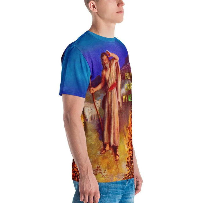 Hallucinating Moses T-Shirt in Midnight Inferno Blue. OEKO-TEX® 100, REACH Compliant, Zero-Wastewater Printing.