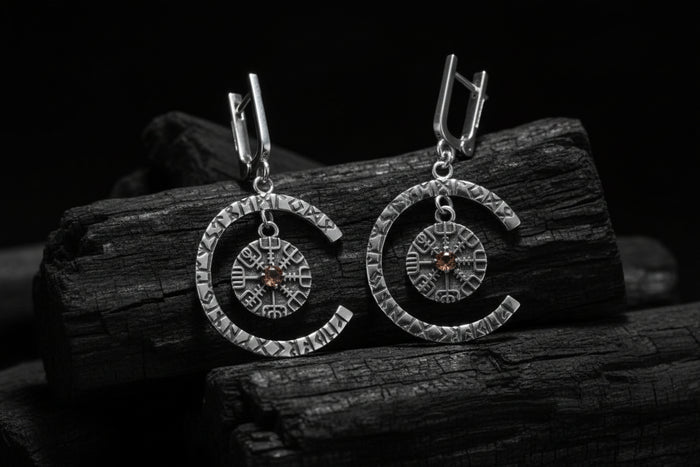 vkngjewelry Earrings Handcrafted Silver Rune Earrings with Vegvisir Symbol