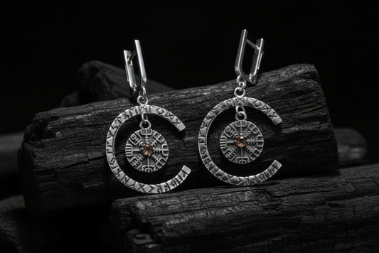 vkngjewelry Earrings Handcrafted Silver Rune Earrings with Vegvisir Symbol