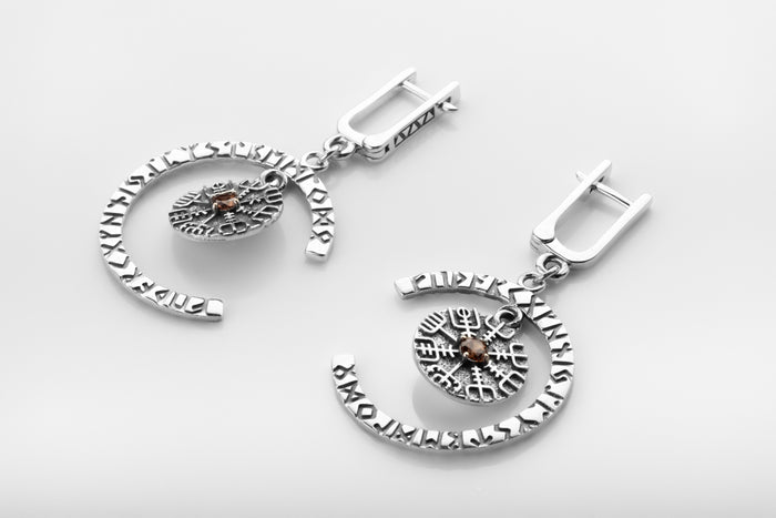 vkngjewelry Earrings Handcrafted Silver Rune Earrings with Vegvisir Symbol