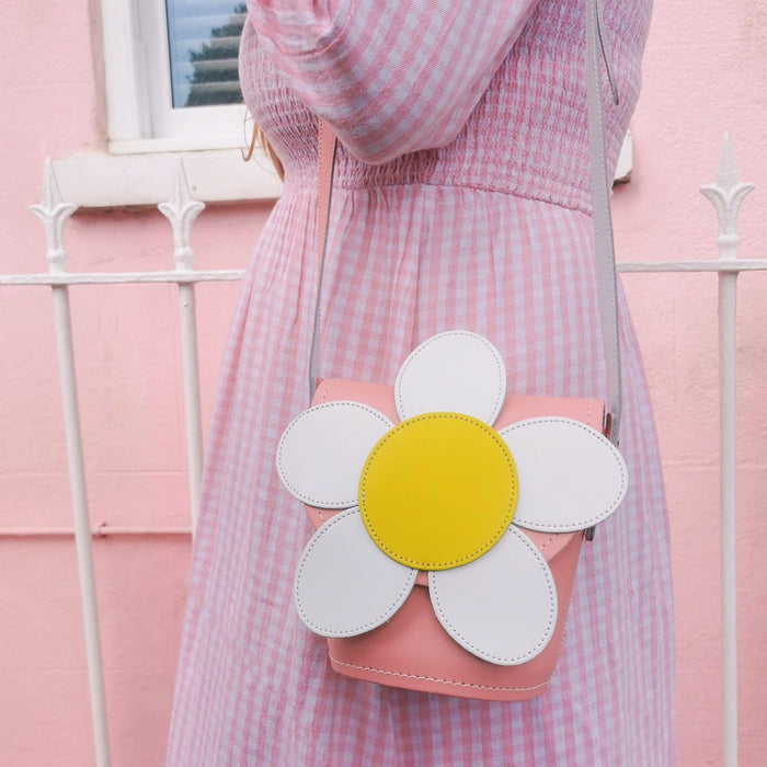 Handmade Leather Daisy Barrel Bag - Pastel Pink - Bascora