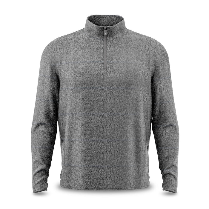 The Heather Gray - Q-Zip is a long-sleeve pullover with a quarter-zip collar, made from soft, textured fabric. It features moisture-wicking properties, a relaxed fit, and a simple design without visible logos or embellishments.