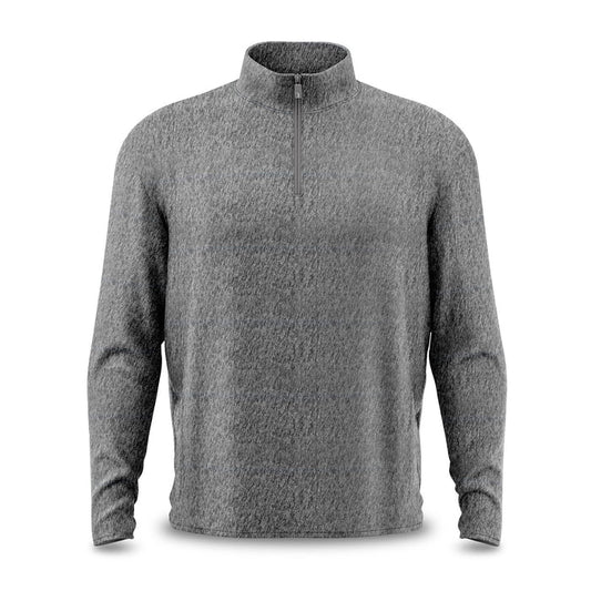 The Heather Gray - Q-Zip is a long-sleeve pullover with a quarter-zip collar, made from soft, textured fabric. It features moisture-wicking properties, a relaxed fit, and a simple design without visible logos or embellishments.