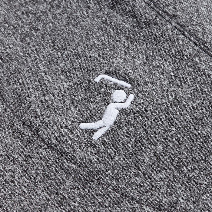 Close-up of the Heather Gray - Q-Zip's moisture-wicking fabric with a small white embroidered golfer. The crisp stitching pops against the soft, textured material, making it perfect for an athletic fit.