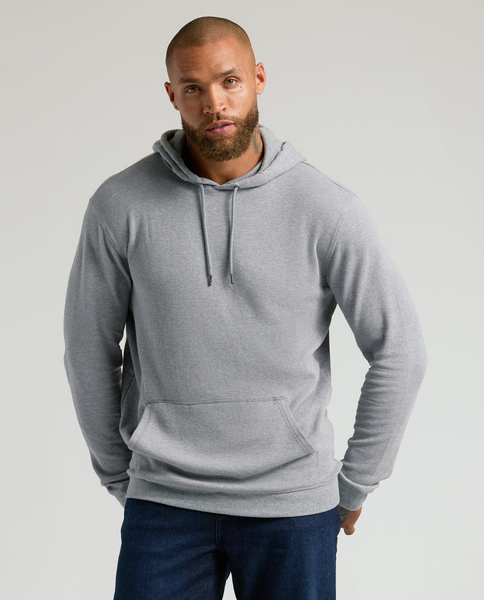 Male model in Heather Gray & Navy Waffle Hoodie 2-Pack.