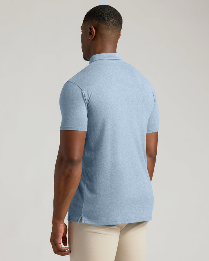 Heather Indigo Short Sleeve Tall Polo worn by male, back view.