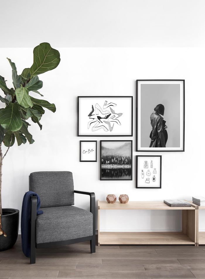 Fashion illustration poster by Opposite Wall with drawing of many high heel shoes - Lifestyle Gallery - Living Room