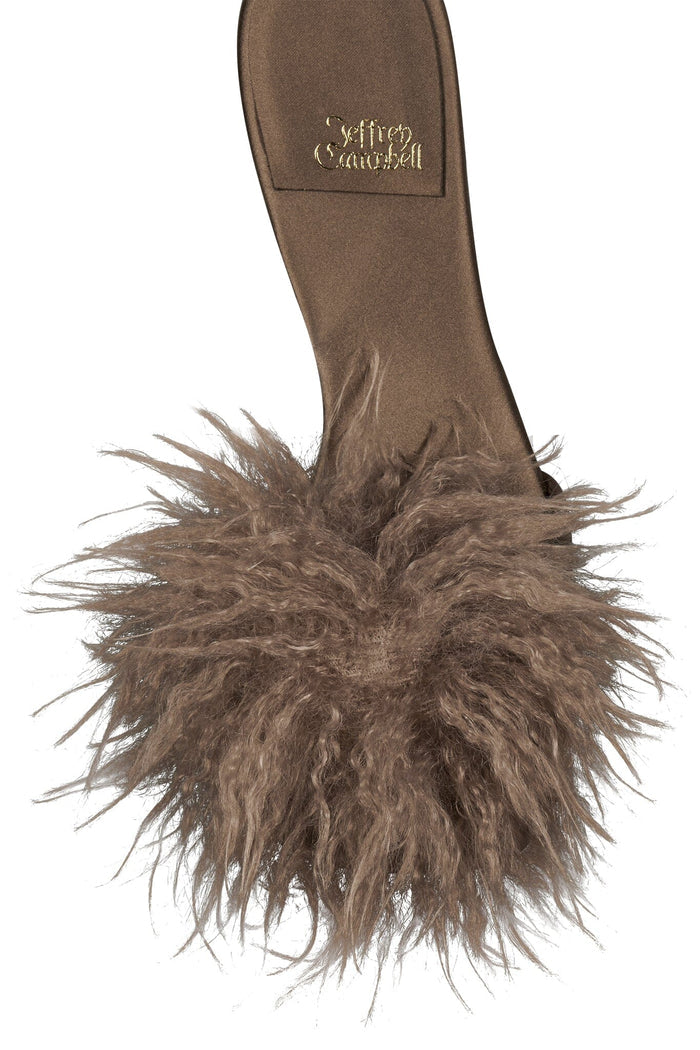 SHOPAHOLIC Jeffrey Campbell Heeled Mule Taupe Satin Combo