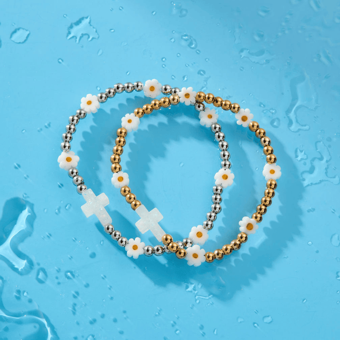 Holy Water Daisy Cross Stretch Bracelet