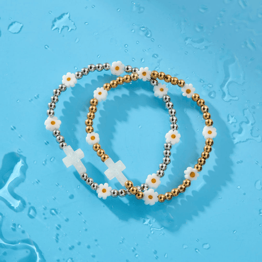 Holy Water Daisy Cross Stretch Bracelet