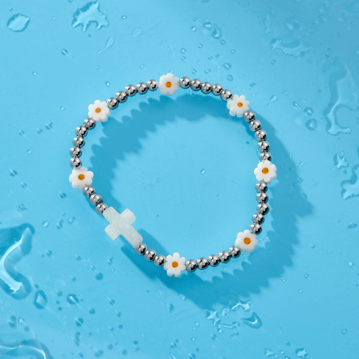 Holy Water Daisy Cross Stretch Bracelet